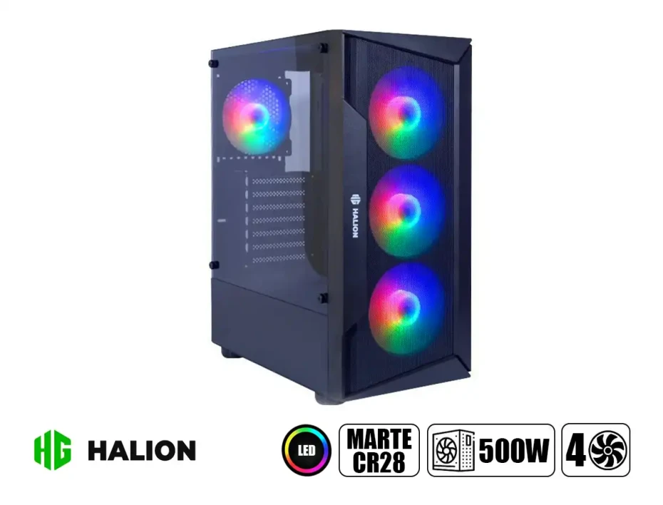 CASE HALION MARTE CR28N FUENTE 500W, CON PANEL DE VIDRIO TEMPLADO, FRONTAL DE MALLA 3 VENTILADORES LED ARGB, 3 PUERTOS USB,(500W MARTE CR28N)