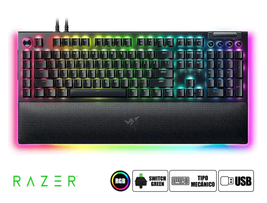 TECLADO RAZER GAMER MECANICO BLACKWIDOW V4 PRO, CON ILUMINACION RGB, USB-C,  SWTCH GREEN US, 3 ZONAS CHROMA BLACK (RZ03-04680200-R3U1)