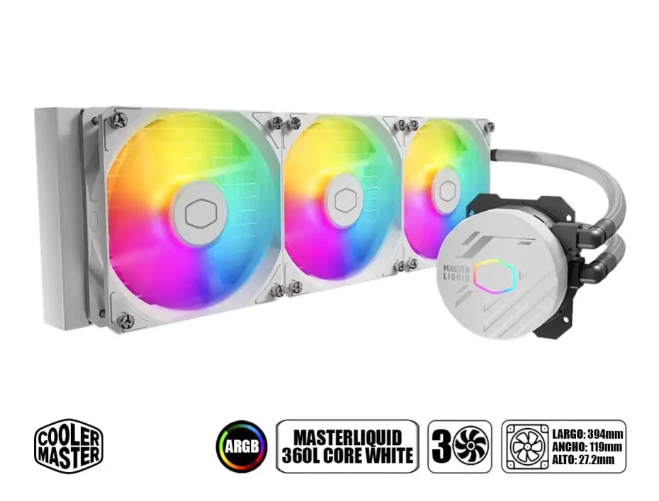 Sistema De Enfriamiento Liquido Cooler Master Masterliquid 360l Core White (mlw-d36m-a18pz-rw) 3 Ventiladores, 360mm, Led Argb