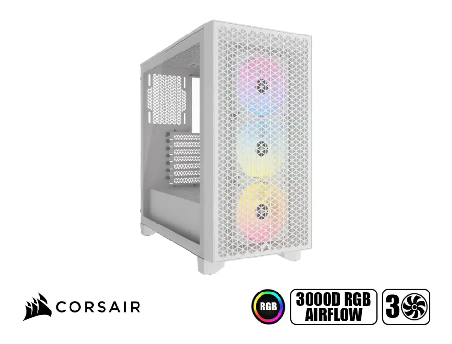 Case Corsair 3000d Rgb Airflow S/fuente (cc-9011256-ww) Panel De Vidrio, 3 Ventiladores, Led Rgb, Blanco