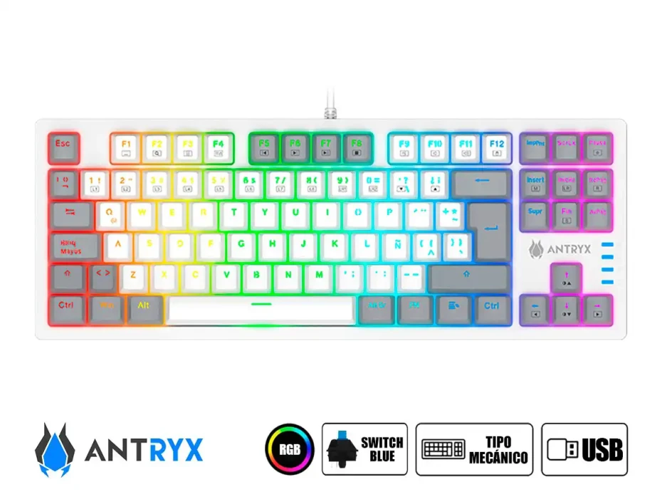 Teclado Gamer Antryx Mk-840l White (amk-cs840lwgbl-sp) Mecanico, Switch Blue, Led Rgb, Blanco Y Negro