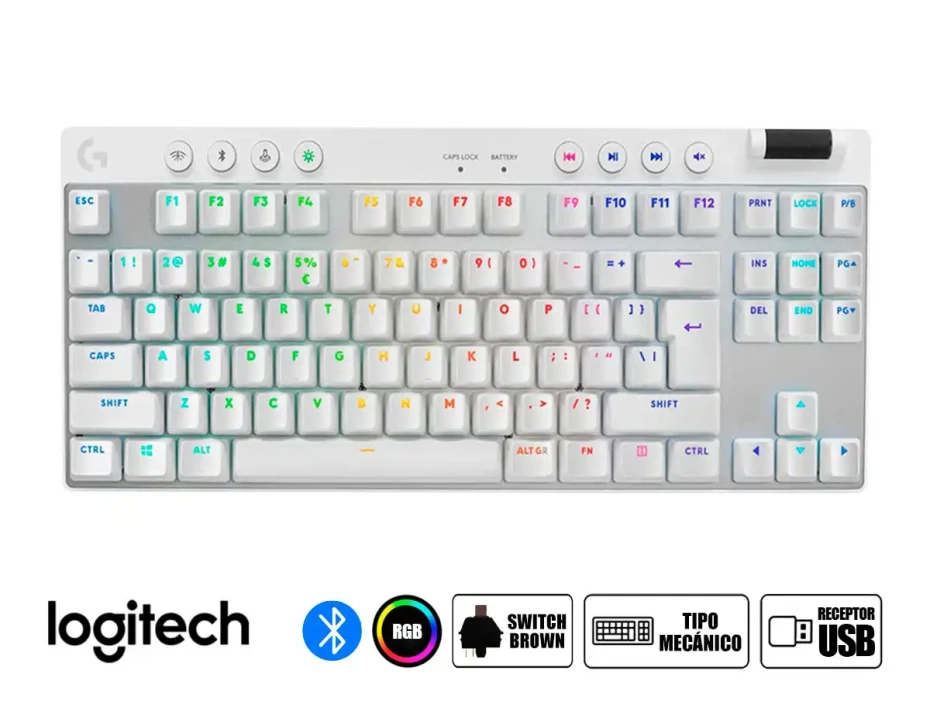 Teclado Gamer Inalambrico Logitech Pro X Tkl (920-012143) Mecanico, Switch Brown, Led Rgb, Blanco
