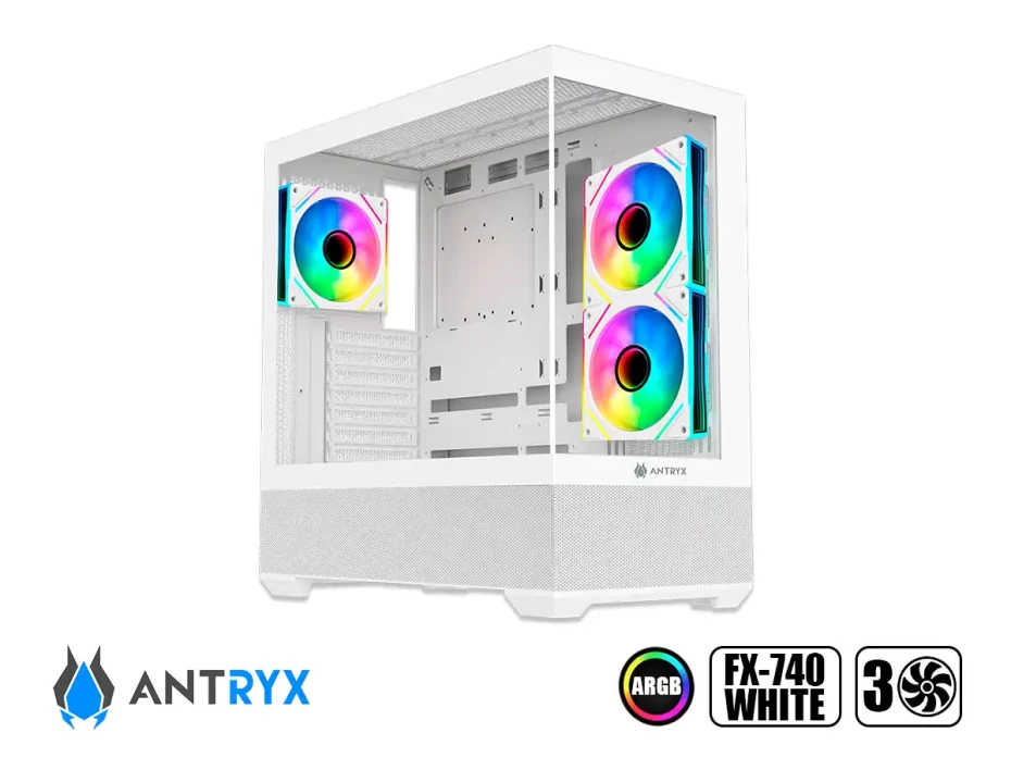 Case Antryx Fx-740 White Gaming S/fuente (ac-fx740w)) Paneles De Vidrio, 3 Ventiladores, Led Argb, Blanco