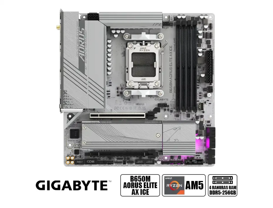 Placa Madre Gigabyte B650m Aorus Elite Ax Ice (b650m-a-elite-ax-ice) Socket Am5, Ram Ddr5 Buss 8000oc Mt/s, Wifi 6e