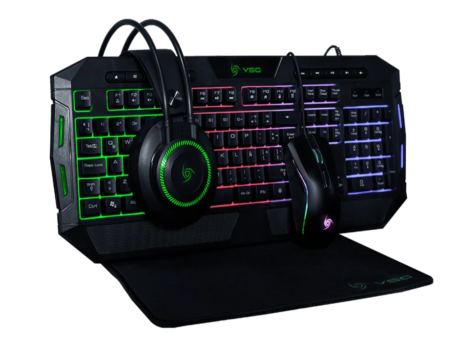 Combo 4 En Uno Vsg Gaming Super Crux Bundle (vg-kmh677) Teclado Led, Mouse Led, Auricular, Pad Mouse, Negro