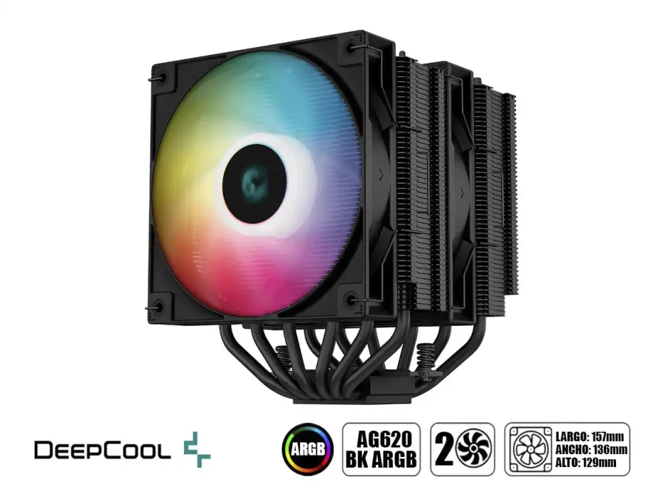 Cooler Para Procesador Deepcool Ag620 Argb (r-ag620-bkanmn-g-1) 2 Ventiladores, 120 Mm, Led Argb