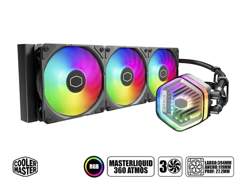 Sistema De Enfriamiento Liquido Cooler Master Masterliquid 360 Atmos (mlx-d36m-a25pz-r1) 3 Ventiladores, 360mm, Led Argb
