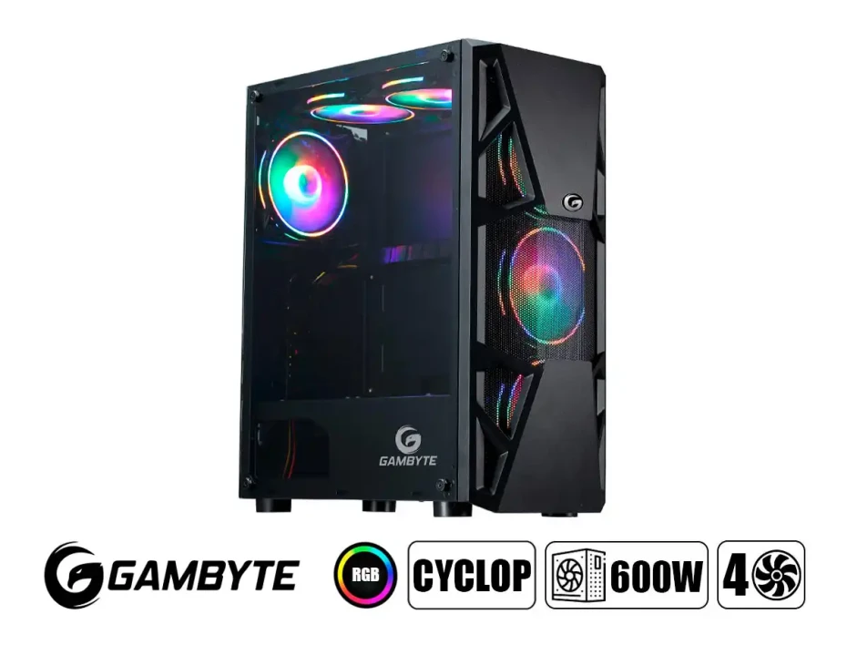 Case Gambyte Cyclop Fuente 600w (cf-cl3303) Panel De Vidrio, 4 Ventiladores, Led Argb, Negro