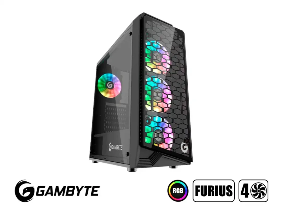 Case Gambyte Furius S/fuente (firius) Panel De Vidrio, 4 Ventiladores, Led Argb, Negro