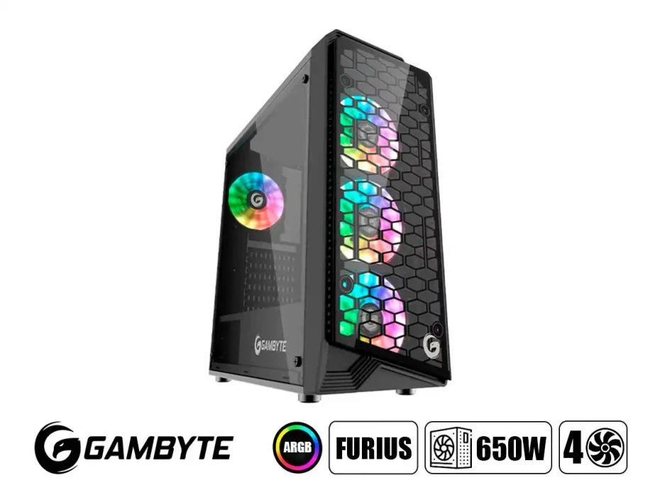Case Gambyte Furius Fuente 650w (cf-furius) Panel De Vidrio, 4 Ventiladores, Led Argb, Negro