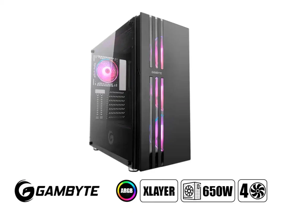 Case Gambyte Xlayer Fuente 650w (xlayer) Panel De Vidrio, 4 Ventiladores, Led Argb, Negro