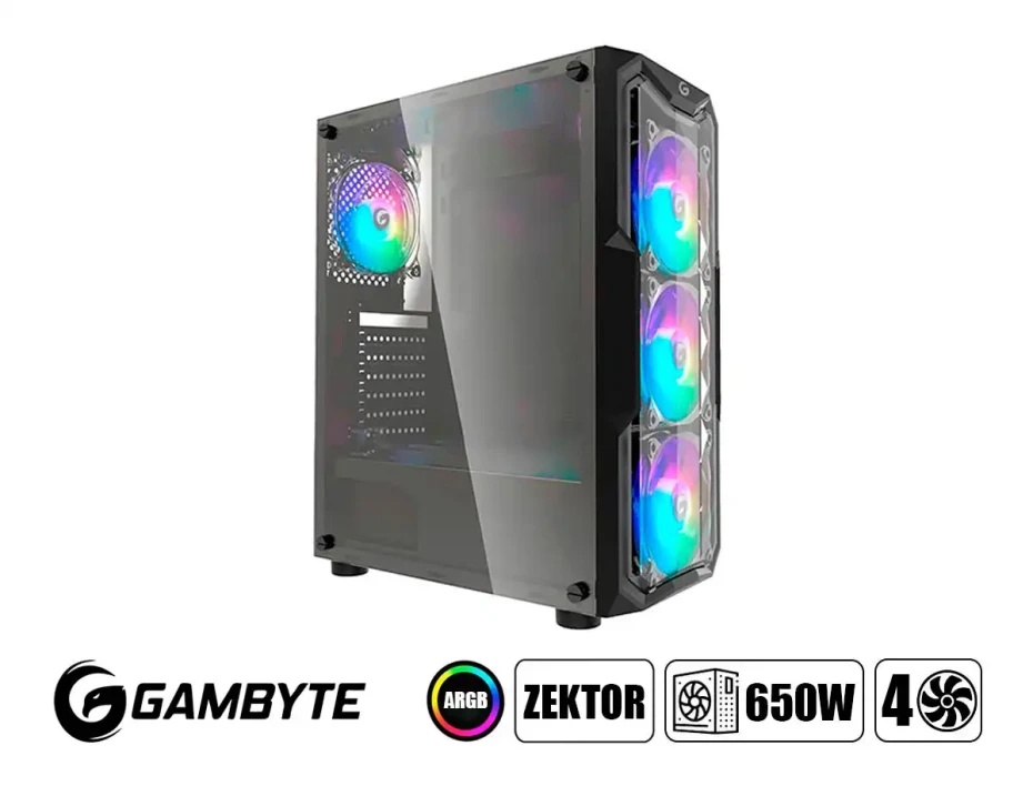 Case Gambyte Zektor Fuente 650w (650w-zektor) Panel De Vidrio, 4 Ventiladores, Led Argb, Negro