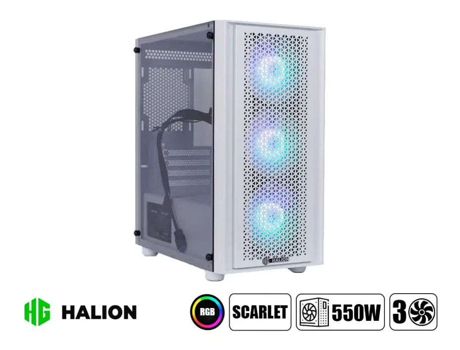 Case Halion Scarlet Fuente 550w (ha-scarlet W550w) Panel De Vidrio, 3 Ventiladores, Led Rgb, Blanco