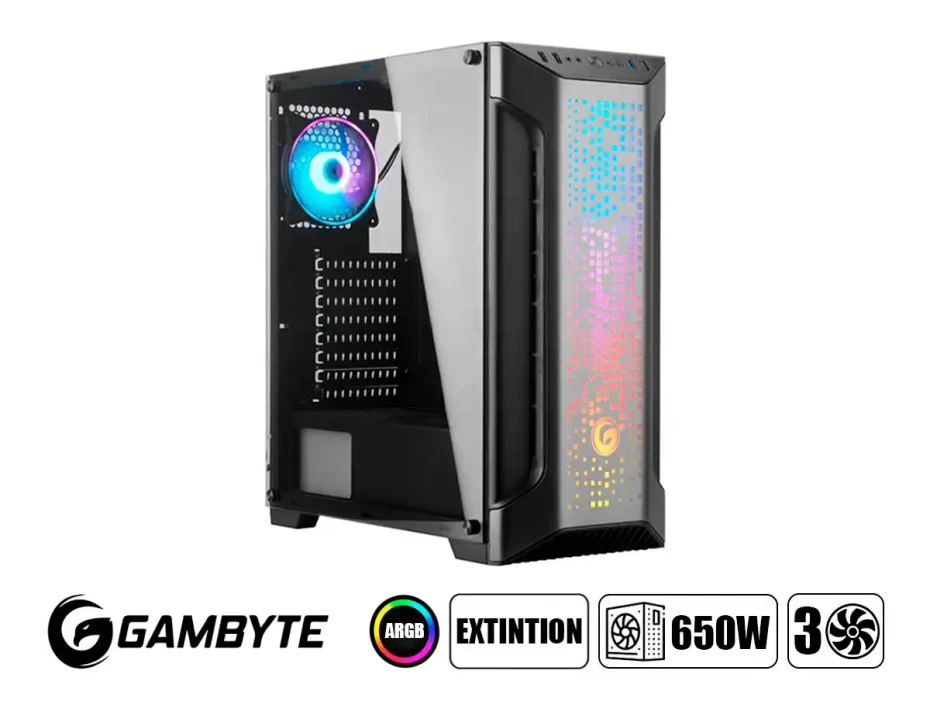Case Gambyte Extintion Fuente 650w (extintion-600w) Panel De Vidrio, 3 Ventiladores, Led Argb, Negro