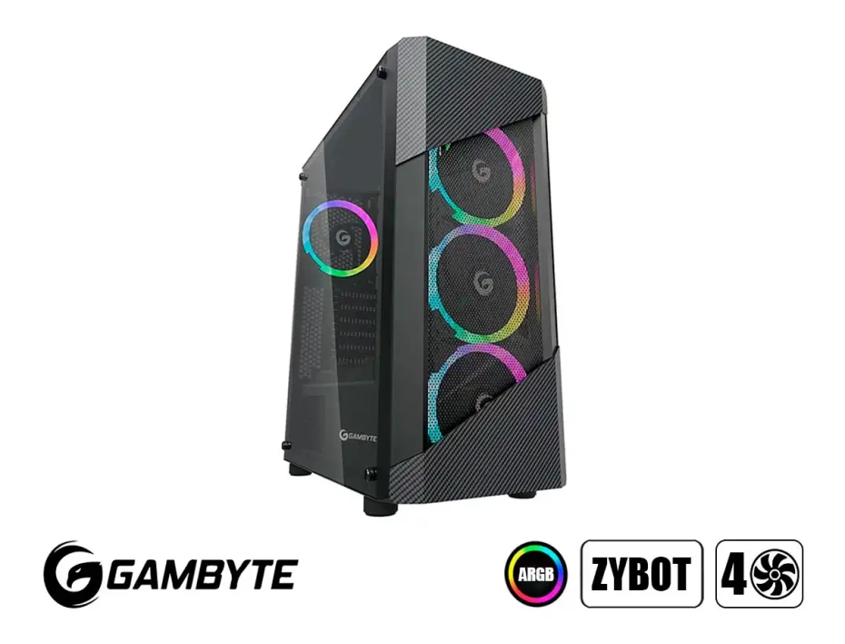 Case Gambyte Zybot S/fuente (zybot) Panel De Vidrio, 4 Ventiladores, Led Argb, Negro