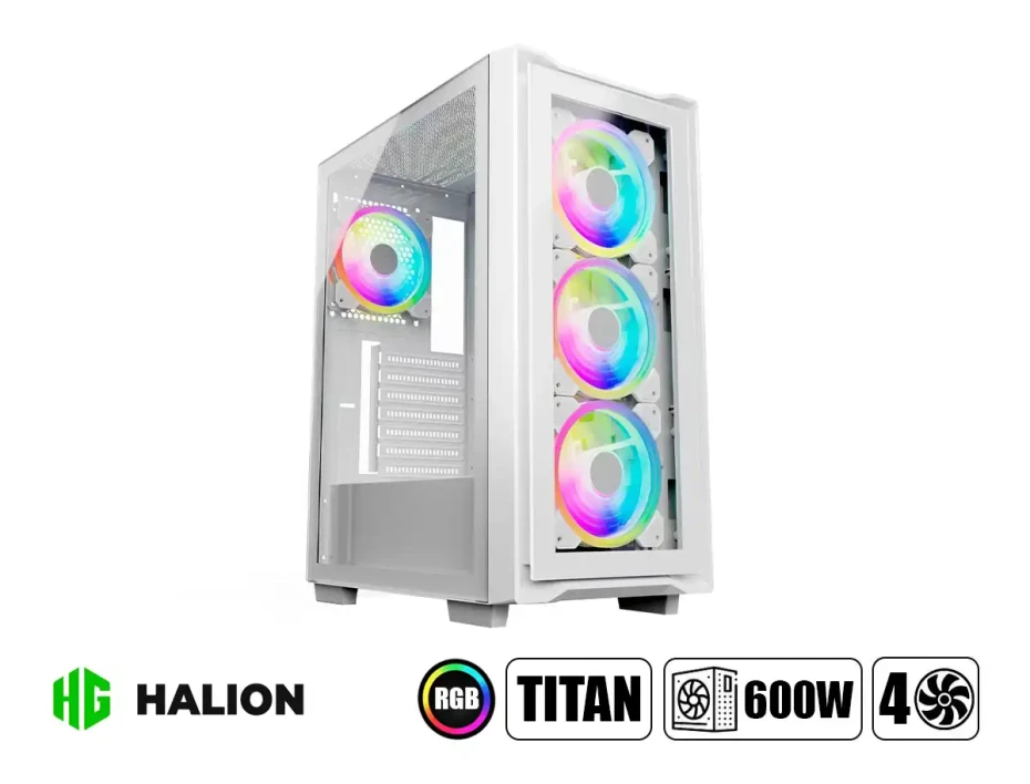 Case Halion Titan Fuente 600w (titan 103) Panel De Vidrio, 4 Ventiladores, Led Rgb, Blanco