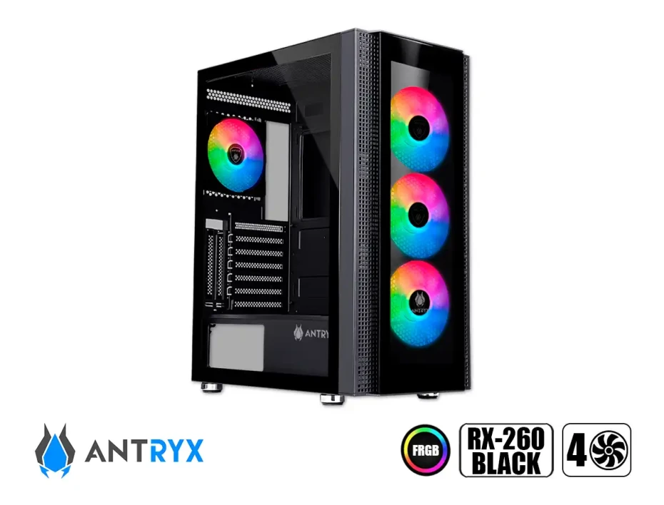 Case Antryx Rx-260 Gaming S/fuente (ac-rx260kfr) Paneles De Vidrio Frontal, 4 Ventiladores, Led Frgb, Negro