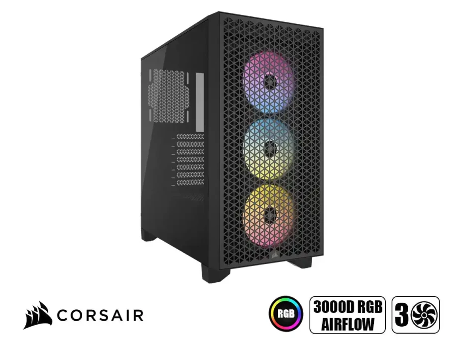 Case Corsair 3000d Airflow S/fuente (cc-9011255-ww) Panel De Vidrio, 3 Ventiladores, Led Rgb, Negro