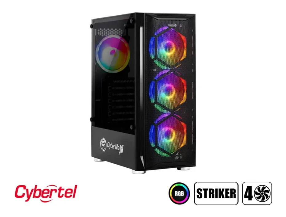 Case Cybertel Striker Cbx5013 S/fuente (cbx5013) Panel De Vidrio, 4 Ventiladores, Led Rainbom, Negro