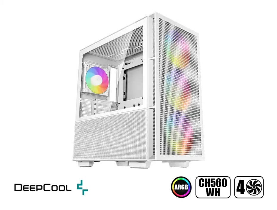 Case Deepcool Ch560 Wh S/fuente (r-ch560-whape4-g-1) Panel De Vidrio, 4 Ventiladores, Led Argb, Blanco