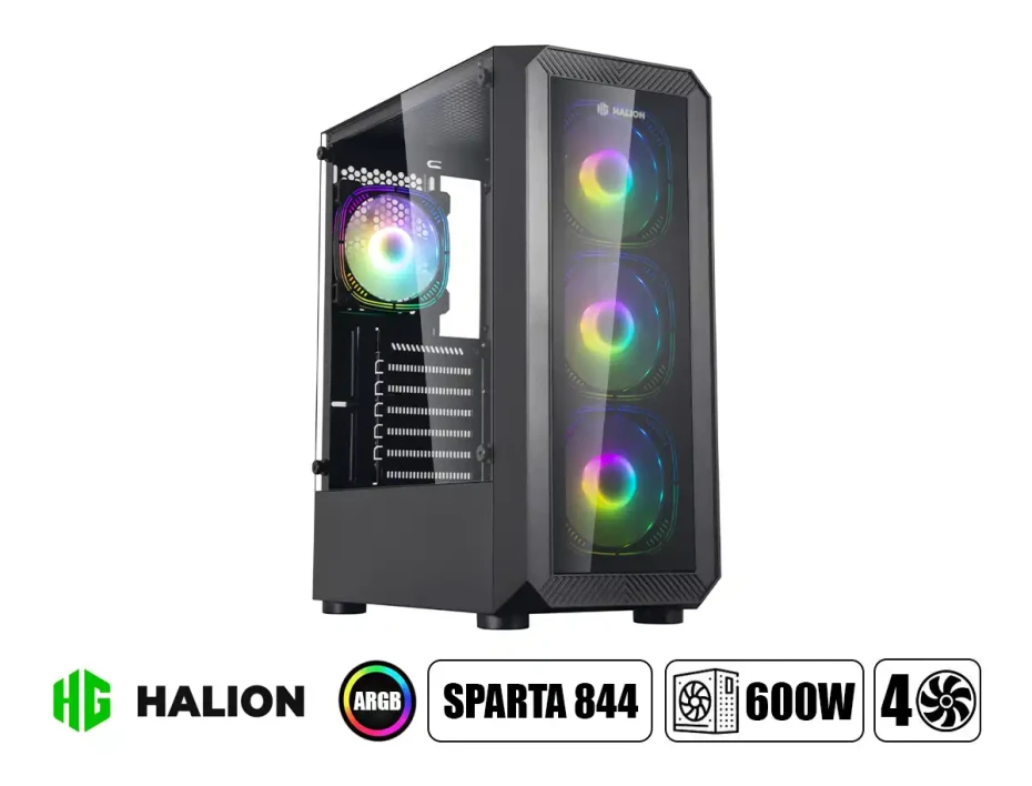 Case Halion Sparta 844 Fuente 600w (sparta 844) Panel Lateral Y Frontal De Vidrio Templado, 4 Ventiladores Argb