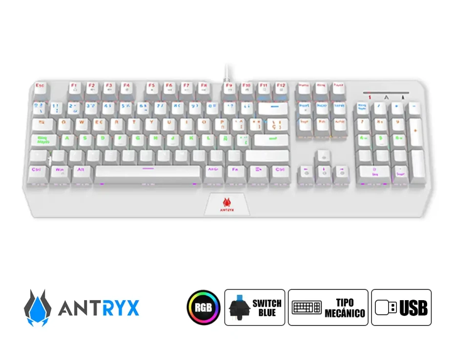 Combo 2 En Uno Antryx Chrome Storm Gc-5100 (agc-5100wbl-sp) Blanco, Teclado Switch Blue, Led Rgb, Mouse 7 Botones, 10000 Dpi