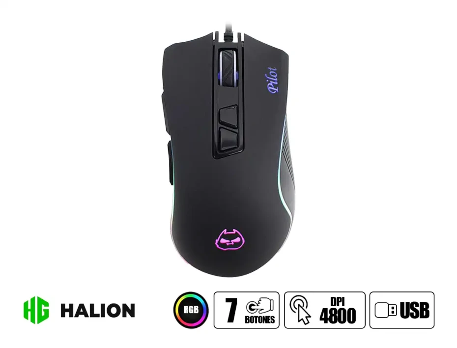 Mouse Halion Pilot Gaming (ha-m571) Hasta 4800 Dpi, 7 Botones, Rgb, Negro