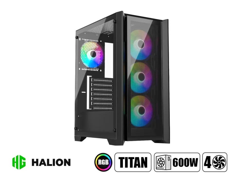 Case Halion Titan Fuente 600w (titan 104) Paneles De Vidrio, 4 Ventiladores, Led Rgb, Negro