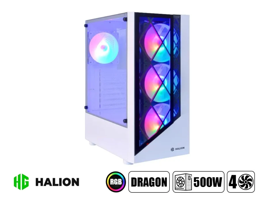 Case Halion Dragon Fuente 500w (w-cf 500 Dragon Cr15) Panel De Vidrio, 4 Ventiladores, Led Rgb, Blanco
