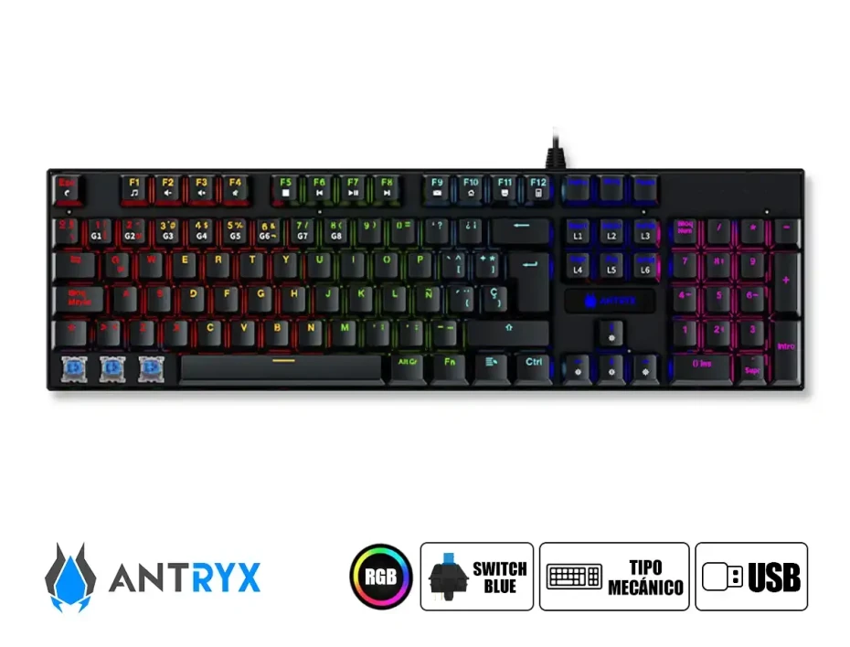 Combo 3 En Uno Antryx Gc-3100 X3 Black (agc-3100x3kbl-sp) Teclado Mecanico, Switch Blue, Mouse 8 Botones, 7200 Dpi, Auricular Rgb
