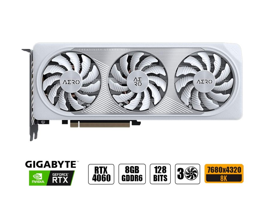 Tarjeta De Video Gigabyte Rtx 4060 Aero Oc 8gb Gddr6 (gv-n4060aero-oc-8gb) Geforce Nvidia 128 Bits, White, 3 Ventiladores