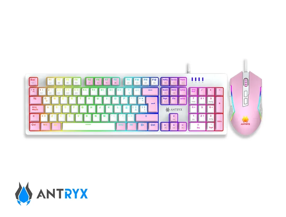 Combo 2 En Uno Antryx Chrome Storm Gc-5400 (agc-5400pre-sp) Teclado Switch Red, Led Rgb, Mouse 8 Botones, 10000 Dpi, Rosado