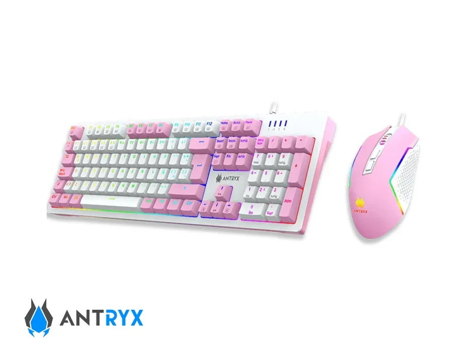 Combo 2 En Uno Antryx Chrome Storm Gc-5400 (agc-5400pre-sp) Teclado Switch Red, Led Rgb, Mouse 8 Botones, 10000 Dpi, Rosado