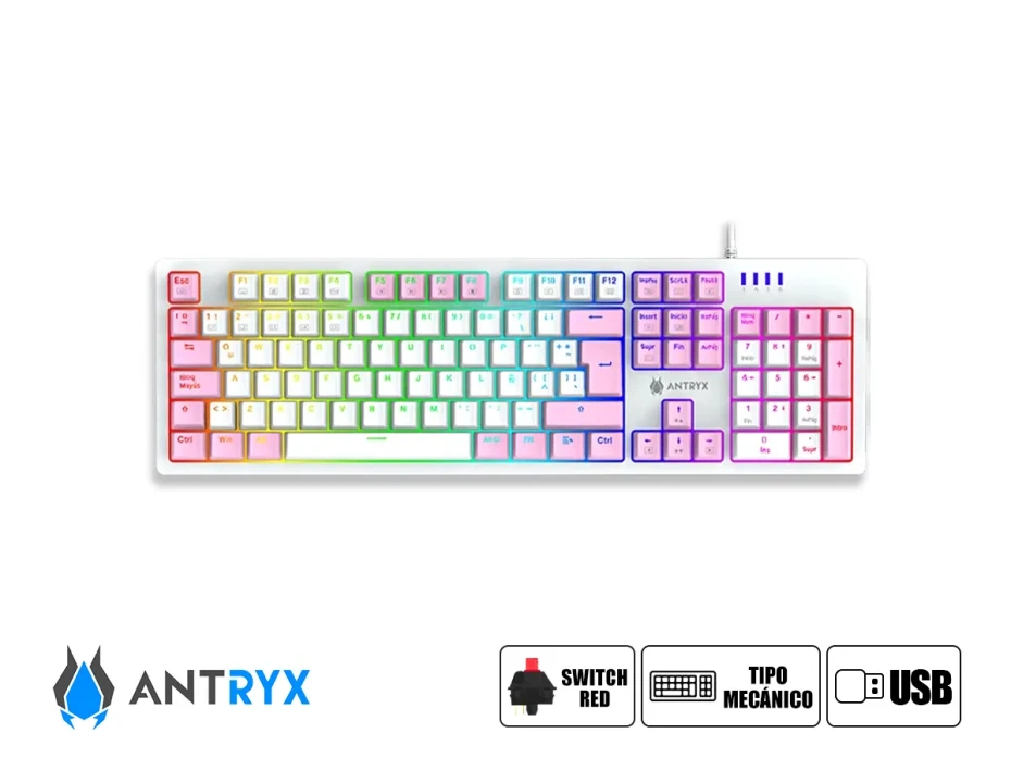 Combo 2 En Uno Antryx Chrome Storm Gc-5400 (agc-5400pre-sp) Teclado Switch Red, Led Rgb, Mouse 8 Botones, 10000 Dpi, Rosado