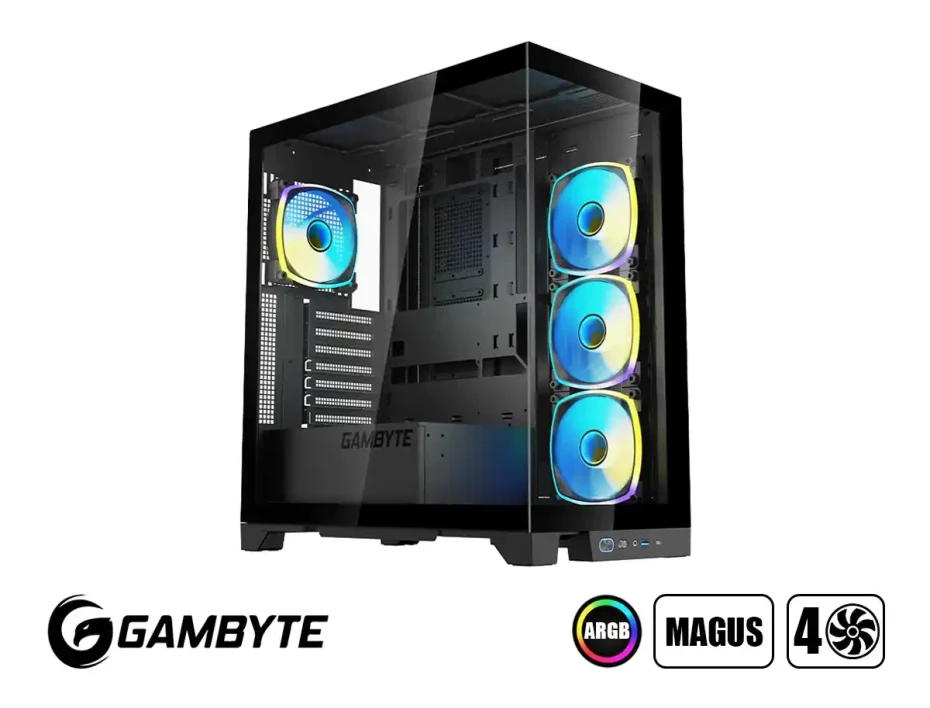 Case Gambyte Magus S/fuente (cs-mag4argwr-lg) Panel De Vidrio, 4 Ventilador, Led Argb, Negro