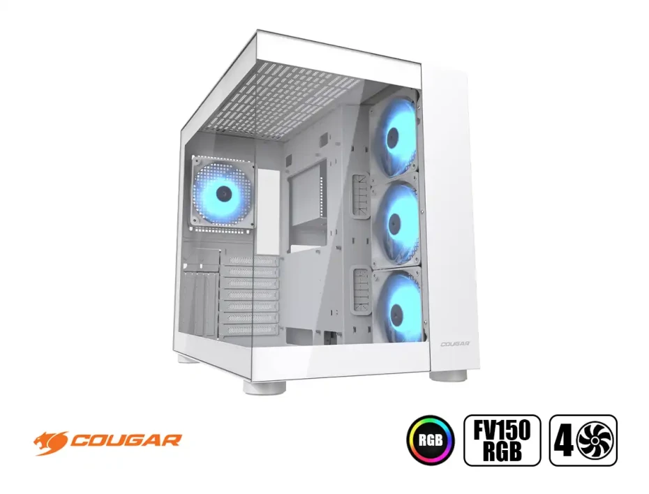 Case Cougar Gaming S/fuente, Fv150 Rgb White (385ka10.0002) Panel De Vidrio, DiseÑo Pecera, 4 Ventiladores, Led Rgb, Blanco