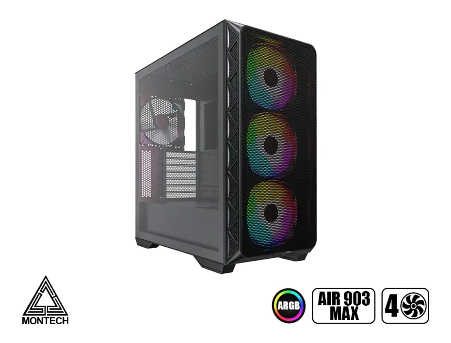 Case Montech Air 903 Max (air 903 Max) Panel De Vidrio Templado, 4 Ventiladores 140mm, Led Argb, Negro