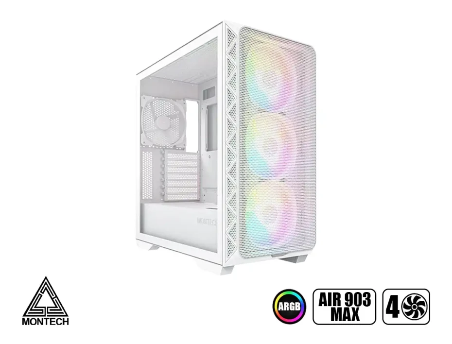 Case Montech Air 903 Max (air 903 Max W ) Panel De Vidrio Templado, 4 Ventiladores 140mm, Led Argb, Blanco