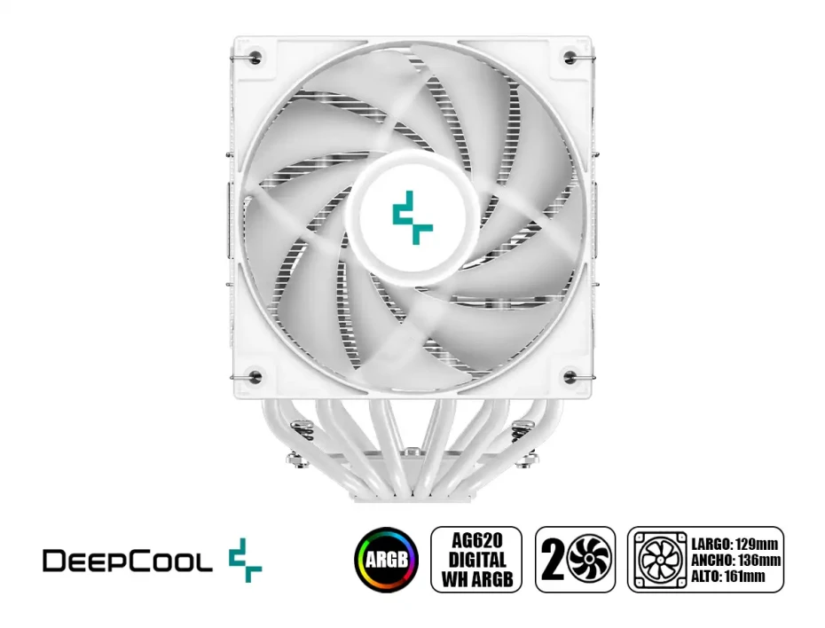 Cooler Para Procesador Deepcool Ag620 Digital Wh Argb (r-ag620-whadmn-g-2) 2 Ventiladores, Aluminio, Blanco, Argb