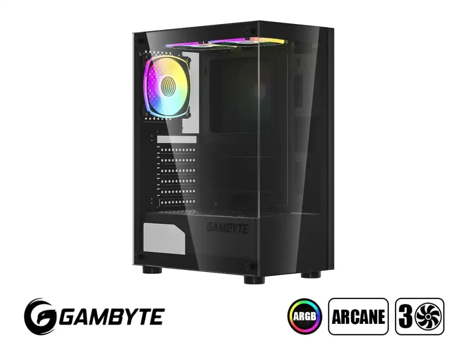 Case Gambyte Arcane S/fuente (cs-arc3argwr-lg) Panel De Vidrio, 3 Ventilador, Led Argb, Negro
