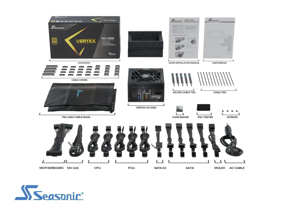 Fuente De Poder Seasonic 1000w Vertex Gx (12102gxafs) Atx, 80 Plus Gold, Modular, Negro