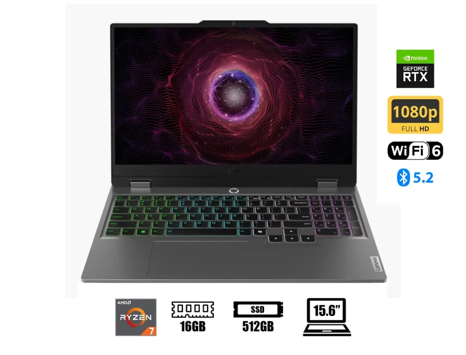Laptop Lenovo Ryzen 7-7435hs Loq 15arp9 Gaming (83jc0000us) Pantalla 15.6" Fhd 144hz, Ram 16gb, Ssd 512gb, Rtx 4060 8gb, Win11, Luna Grey