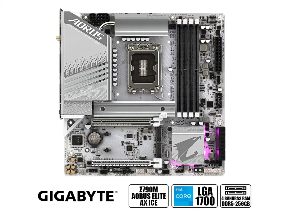Placa Madre Gigabyte Z790m Aorus Elite Ax Ice (ga-z790m Aorus Elite Ax Ice) Socket Lga 1700, Ram Ddr5 Buss 7600oc Mt/s, 14va, 13va, 12va Gen, Wifi 6e