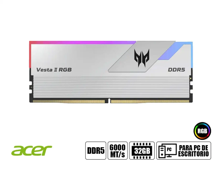 Memoria Ram Predator Ddr5 32gb (16gbx2) Vesta Ii Rgb (bl.9bwwr.379) 6000 Mt/s, Blanco, Rgb