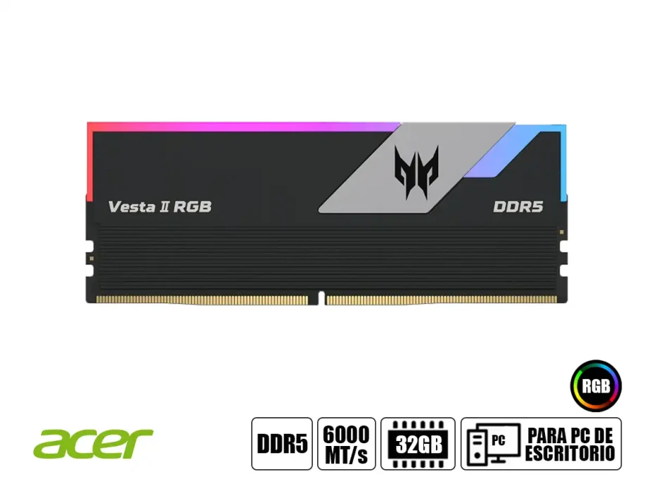 Memoria Ram Predator Ddr5 32gb (16gbx2) Vesta Ii Rgb (bl.9bwwr.378) 6000 Mt/s, Negro, Rgb