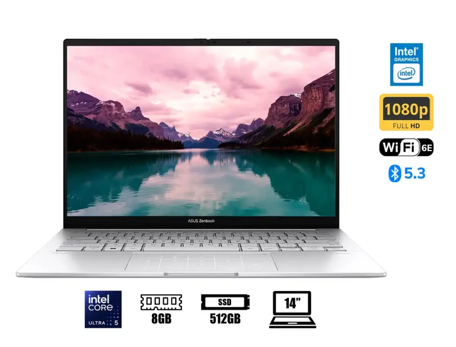 Laptop Asus Core Ultra 5-125h Zenbook Ux3405ma-qd724w (90nb11r2-m016f0) Pantalla 14 Oled Fhd, Ram 8gb, Ssd 512gb, Win11 Home, Silver