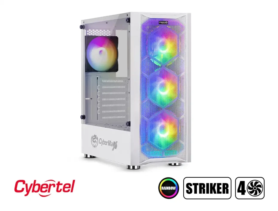 Case Cybertel Striker Cbx5013w S/fuente, Panel De Vidrio, 4 Ventiladores, Led Raibow, Blanco