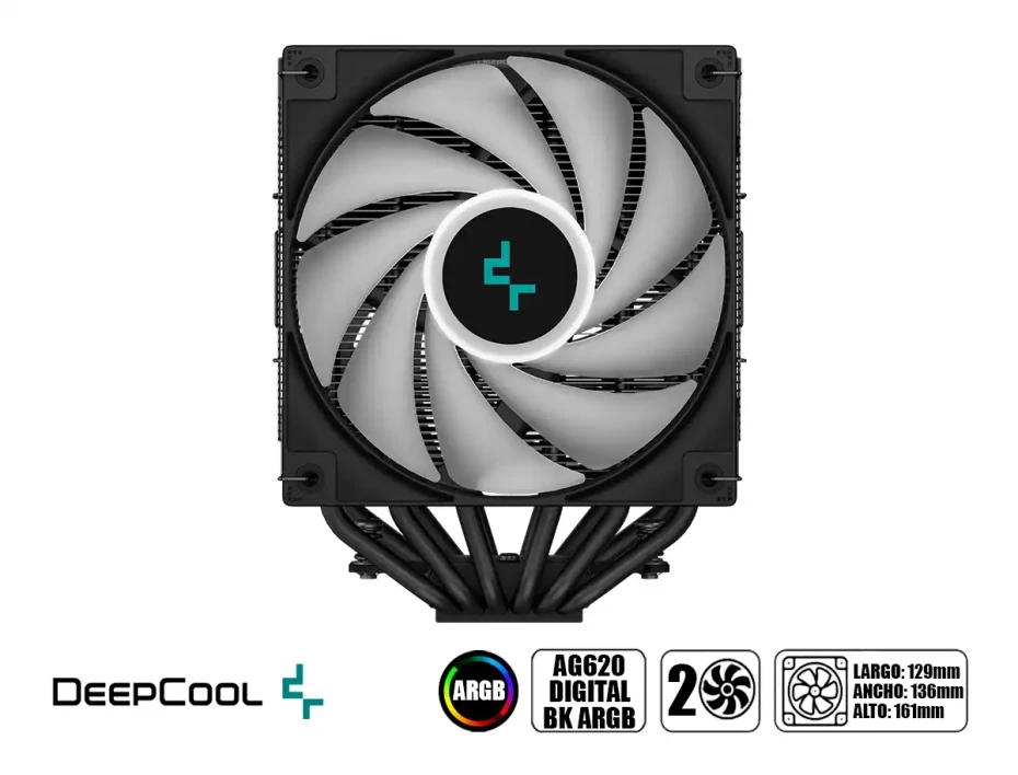 Cooler Para Procesador Deepcool Ag620 Digital Bk Argb (r-ag620-bkadmn-g-2) 2 Ventiladores, Aluminio