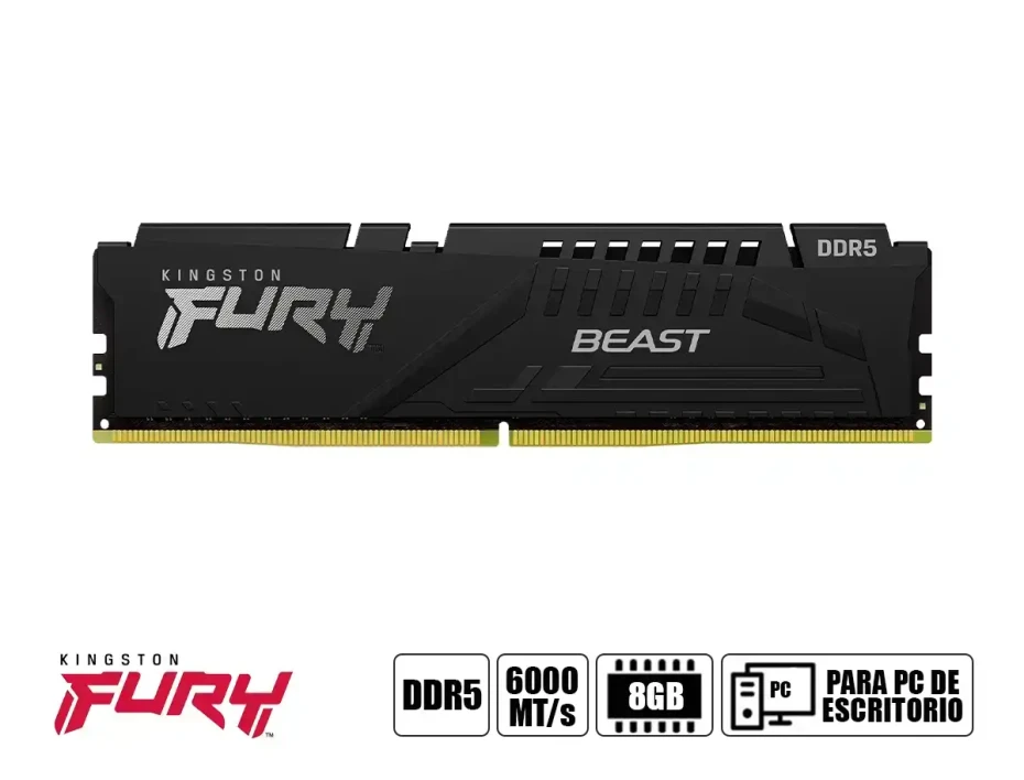 Memoria Ram Kingston Fury Ddr5 8gb Beast (kf560c30bb-8) 6000 Mt/s, Cl30, Negro