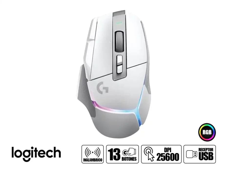 Mouse Inalambrico Logitech G502 X Plus Gaming (910-006169) Hasta 25.600 Dpi, 13 Botones Programables, Receptor Usb, Rgb, Blanco